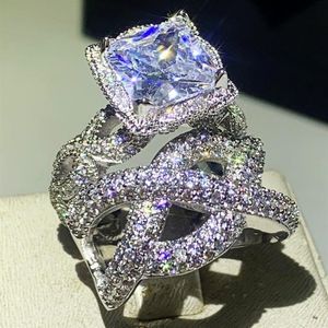 ABD Boyutu 5-10 Hip Hop Vintage Moda Takı 925 STERLING Gümüş Çift Yüzük Prenses Kesim Beyaz Topaz CZ Diamond Düğün Gelin R2118