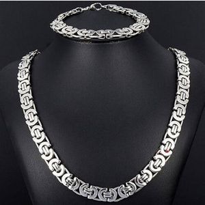 새로운 스타일의 Jewlery Set 8mm Silver Tone Flat 비잔틴 체인 목걸이 팔찌 316L 패션 남성을위한 스테인리스 스틸 블링