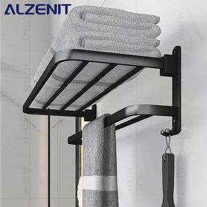 Matte Black Towel Rack 40-60CM Movable Holder With Hook Wall Mount Shelf Aluminum Shower Bar Hanger Rail Bathroom Accessories 231222