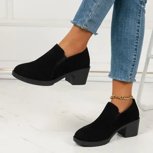 Dress Shoes Big Size 43 Black Women's Casual Single Spring Thick Heel Platform Short Boots Women Pointed Toe Slip-on