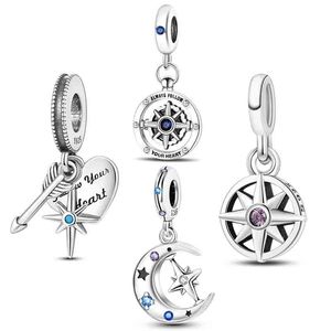 Follow Heart Compass Dangle Charms Beads Pendant 925 Silver Fit Original Pando Bracelet Bangle DIY for Jewelry Making