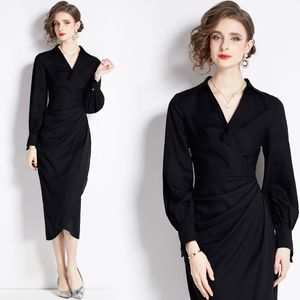 Designer V-Ausschnitt lässig schwarzes Midi Kleid Langarm Frau Urban Sexy Slim Slim High Taille Party Riched Wrap Kleider 2024 Frühling Herbst Süße Chic Runway Holiday Ballkleid