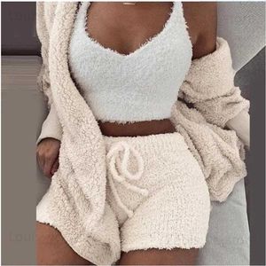 Frauen Nachtwäsche sexy 3 Stücke passen Frauen Velvet Pyjamas Set V Hals Crop Top+Shorts+in voller Länge Strickjacke Mantel warme dicke Hauswear-Outfits S-3xl T231223