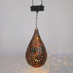 Night Lights Wrought Iron Solar Light Pendant Drop-shaped Garden Outdoor Decoration LED Flower Carving Lamp243y