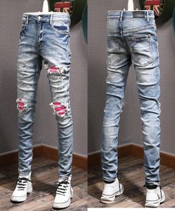 Man Red Patches on Knee Jeans Big Size 38 Rip Washed Hole Denim Male8846391