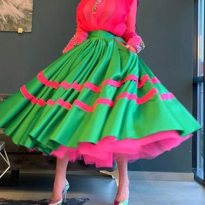 ドレス新しいデザインミッドカーフサテンスカートファッションミックスカラーグリーンジッパーロングスカートメッシュライニングパーティースカート女性カスタムメイドファルダ