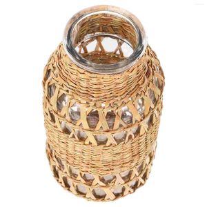 Vasen Rattan Glass Vase Retro Home Decor Desktop gewebter Blumenpot ländlicher Landschaftsstil Boho einfach