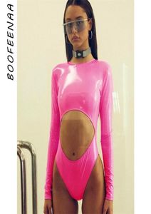 BOOFEENAA Sexy Pink PU Leather Long Sleeve Bodysuit Women Hollow Out Backless Bodysuits Festival Party Clubwear C85AA82 Y2004014275603