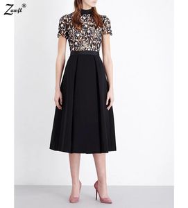 Elbise Zawfl 2022 Kadınlar Moda Kendini Portre Kısa Kollu Gipure Dantel İçi Boş Tığ Dantel Elbise Standı Yaka Femme