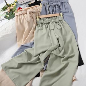 Capris summer Wide Leg Women Pants Casual Loose High Waist bow Pants female Long Trousers cheap Women's Clothing