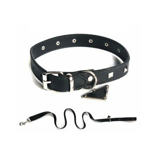 Designer Dog Collar Leases set med inverterad triangel Metal Tag Classic Leather Pet Collar för små medelstora stora hundar Bulldog Poodle BJ