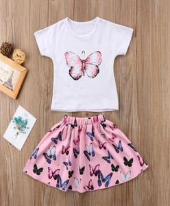 2019 Kids Baby Girls Butterfly Printed Tshirt Chaints Dress 2Piece مجموعة ملابس صغيرة ملابس أطفال قصيرة الأكمام Clot9274710