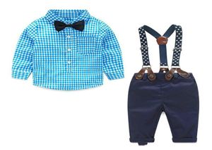 Baby Boy Clothes Spring Newborn Baby Sets Infant Kids Clothing Gentleman Suit Plaid Shirt Bow Tie Suspend Trousers 2pcs Suits1059542