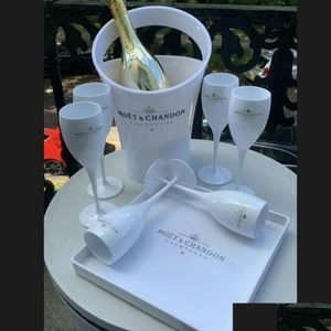 Secchi di ghiaccio e refrigeratori Moet Chandon Bucket Champagne Flauto set di set di feste in plastica bianca 270c Droplegatura Dropnea Giardino Cucina da pranzo Dheco