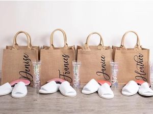 Torby niestandardowa juta burlap toe niestandardowa torba plażowa panieński prezent na płótnie Tote Druhna Prezent Bachelorette Party Favor Goodie Bag