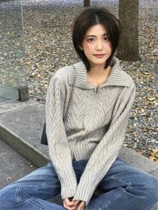 Malhas femininas Deeptown Moda coreana Cardigan Cardigan Mulheres Vintage Zip Up Sweater Feminino Casual Solid Harajuku Tops de Manga Longa