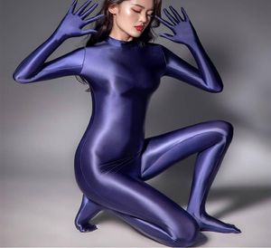 Kadınlar Wetlook Parmak Eldivenleri ile Parlak Saten Tulum Tulum Tüm Bodysuit Bodycon Zentai Partisi Kostüm Playsuit Serin Cosplay Suit8894485