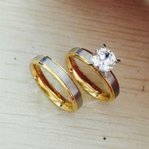 4 mm Titanio Steel CZ Diamond Coppia Corea Rings Set for Men Women Engagement Lovers His and His Promise 2 tono Gold Silver3003