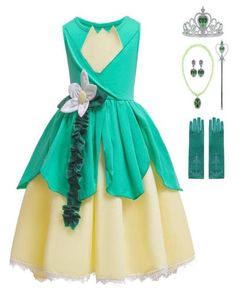 Mädchen Tiana Prinzessin Kostüm Kinder ärmellosen die und Frog -Kleider Kindergeburtstagsfeier Halloween Fancy Ball Gown Girl039S DRE7501599