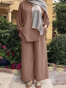 Vestidos femininos manga longa blusa calças largas perna ternos 2 pçs zanzea vintage muçulmano conjuntos de correspondência solto roupas islâmicas turquia abaya conjuntos