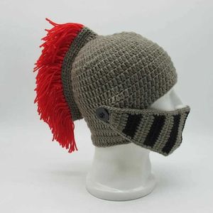 Nowe zimowe ręcznie robione śmieszne czapki fajne czerwone maski Rzymu Rzymskiego Knighta Vailies Cosplay Caps Męskie damskie prezenty imprezowe