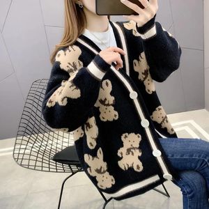 Cardigans Net Red Bear Knitted Sweater Cardigan Women's Midlength 2021Loose Korean Version of The Vneck Jacket Oversized Cardigan