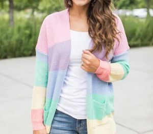 2024 Plus Size Cardigans Womens Knitwear New Rainbow Rands Medium Long Coat Autumn Female Long Sleeve tröja Öppen Stitch Coat