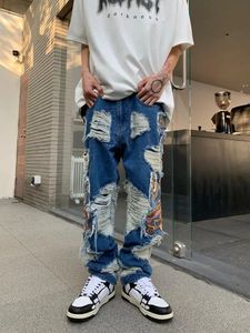 Gata hip-hop sömmar broderade rippade jeans män y2k baggy amerikansk rock punk retro stiliga små fötter jeans män kläder 231222