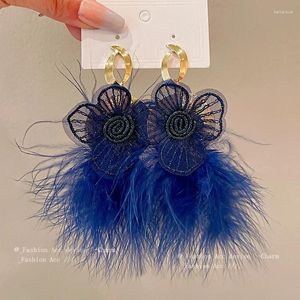 Dangle Earrings Exquisite Vintage Blue Feather Tassels Earring Delicate Hollow Flower Exaggerated Jewellery For Women Trendy Jewelry