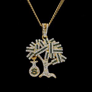 Hip Hop Gold Silver USA Money Tree Pinging Bling Rhinestone Crystal Charclace Chain para Men278G