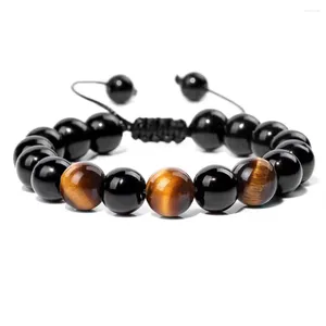 Charm Armband 10mm Natural Tiger Eye Stone Pärlor Handvävda justerbara armband Black Agate Men's Anti-Angiety Courage Bestämning