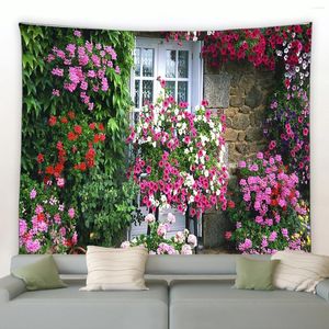 Tapissries Park Floral Tapestry Pink Plant Vintage Brick Wall Arch Decor Modern Bedroom Room Eesthetics Home
