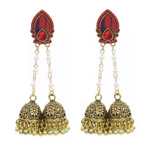 Brincos de Jhumki Jhumka de estilo indiano com sinos duplos de miçangas imitação de pérolas Brincos de peste de perel