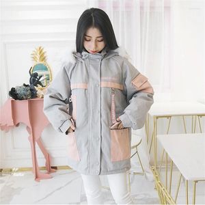 Women's Trench Coats Japanese Soft Girl Autumn Winter Cute Thickened Friend Grey Blue Pink Spliced Cotton Coat Wool Collar Hooded