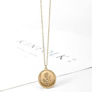 Srcoi Dainty Gold Color Rose Necklace Pendant Round Coin Geometric Chain Choker Necklace Women Party Medallion Fashion Jewelry274p