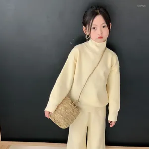 Clothing Sets Girls' High Neck Sweater Set Beige Black Solid Warm Knitted Two Piece Baby Girls Fashion Retro Autumn Clothes