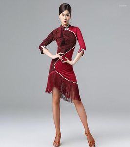 Sahne Giyim Yüksek Boyun Kadın Dans Cheongsam Balo Salonu Elbise Samba Kostüm Partisi Elbiseler SPANDEX Stranty Oneepiece Latin İncili1646537