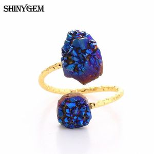 Ringos de cluster Shinygem Irregular Druzy Opal Vintage Wire Gold Wire Natural Stone Ajustável Golden Wedding noivado para Women176L