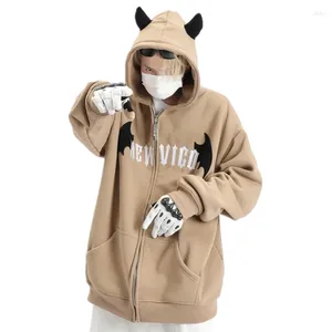 Herrtröjor Devil Horn Hooded Top Men Par Matchande lös överdimensionerad tröja Anime Casual Zip Up Y2K Halloween Party Streetwear