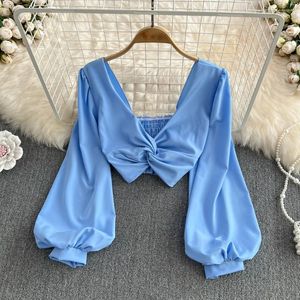 Women's Blouses Chic Sweet Lantern Long Sleeve V Neck Crop Blouse Slim Chiffon Elegant Korean Fashion Top Sexy Women Shirt