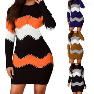 Lässige Kleider Damen Langarm Rundhals Strickkörperkleid Winter Herbst Farbblöcke gestreifte Büro Lady Midi Pullover Dropship