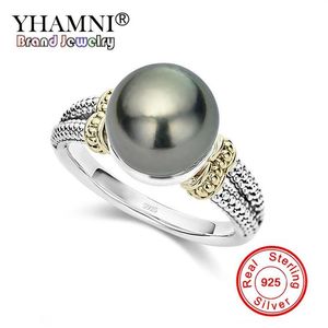 Yhamni Neue schwarze Perleringe für Frauen 925 Sterling Silber Hochzeitsfinger Ringe Fashion CZ Schmucktropfen ZR1058197V