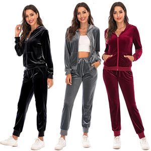 Velor eşofmanlı kadın 2 adet sweatshirt sweatpants Set Fult Zip kapüşonlu Cepleri ile Caps Sıradan Spor giysileri Sonbahar 231222