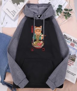 Män039s hoodies tröjor tjocka mode sportkläder kawaii katt äter nudlar japansk stil tryck män varm bekväm män396867563