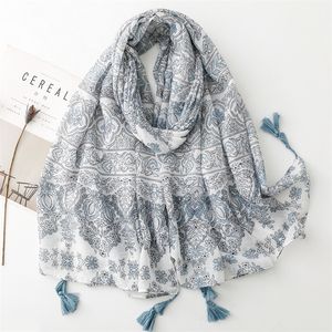 Хлопок и белье чувствуют шарф ретро -этнический стиль синий серый маленький цветочный шарф шарф для женщин