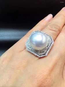 Cluster Rings 14-15MM Big Pearl Ring Fine Jewelry Natural Southsea 18K Gold Diamond Genuine