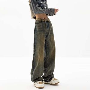 Yellow Mud Dyed Fur Edge Wide Leg Jeans for Women's Autumn Design with A Touch of Mopping Style High Street Vibe