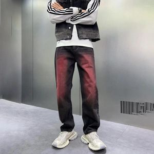Men's Jeans Gradient Red Youth Loose Straight Trend Personality Street Hip Hop Style Wide Leg Ruffle Handsome Long Pants