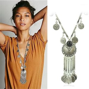 Bohemian Vintage Coin Long Anhänger Halskette versilberte Kette Zigeuner Stammesstammes ethnischer Schmuck Quasten Halskette für Frauen X-6111227W