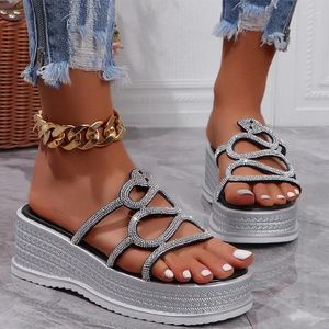 Slippers Wedges Platform Crystal Women High Heels Open Toe Sandals Summer 2024 Fad Brand Slingback Flip Flops Slides Mujer